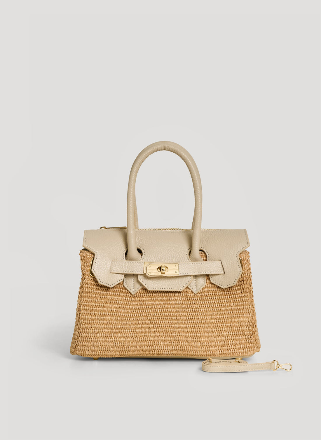 Borsa Elizabeth Media in Pelle e Rafia Crema - Voemièn