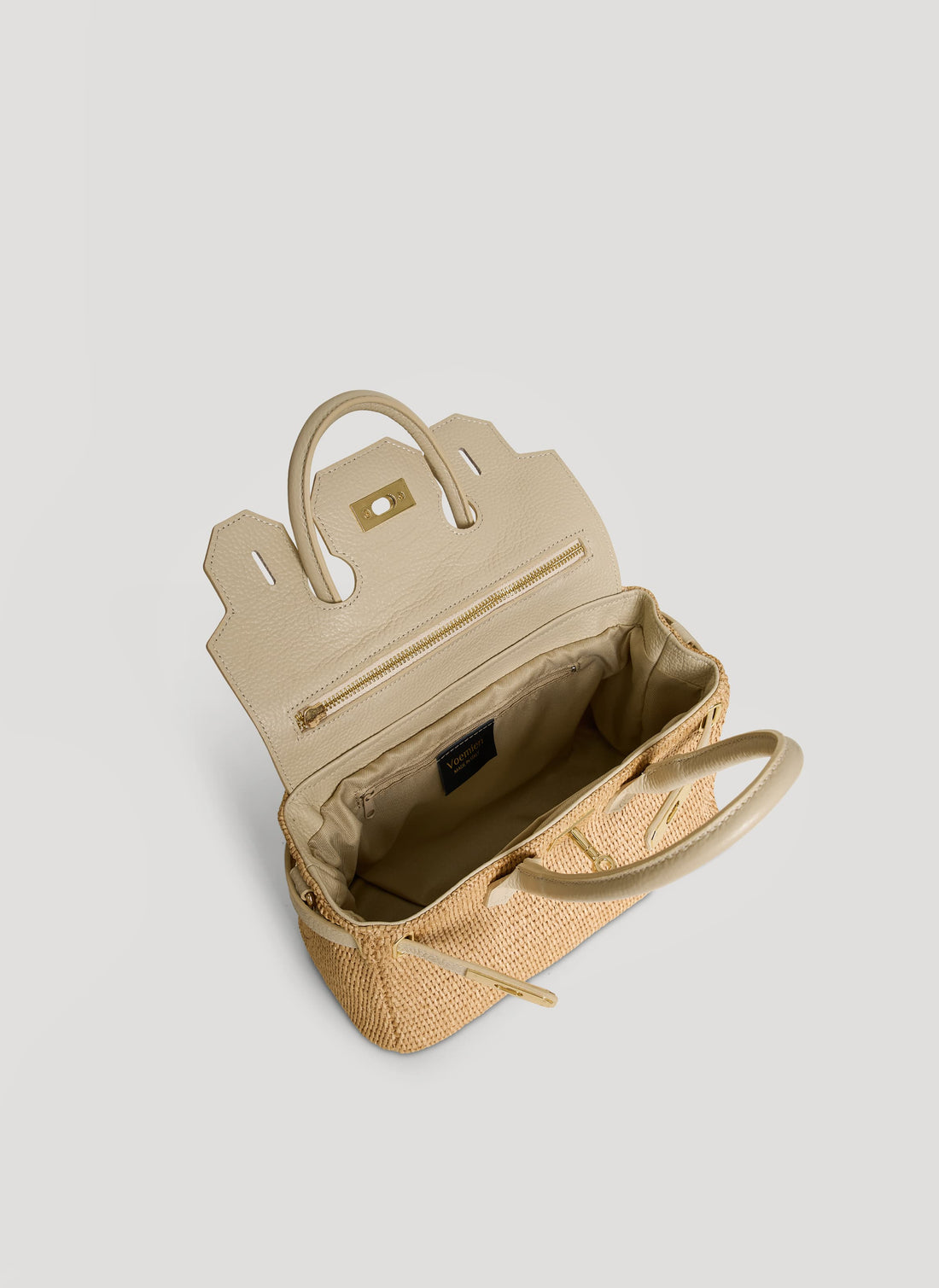 Borsa Elizabeth Media in Pelle e Rafia Crema - Voemièn