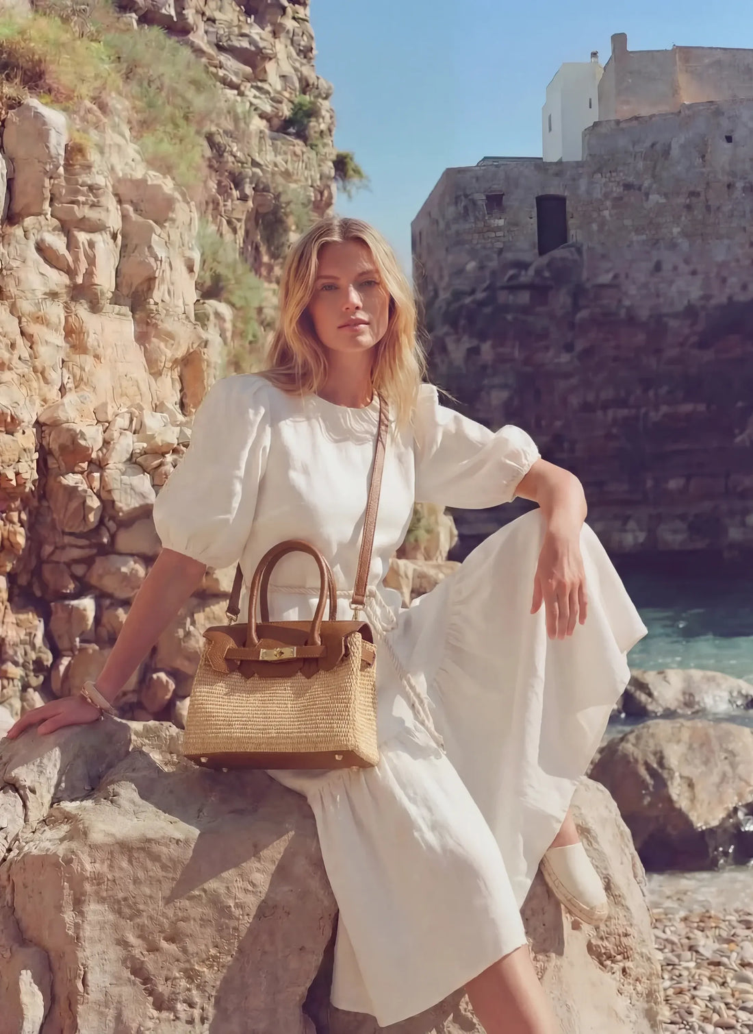 Borsa Elizabeth Media in Pelle e Rafia Cuoio - Voemièn