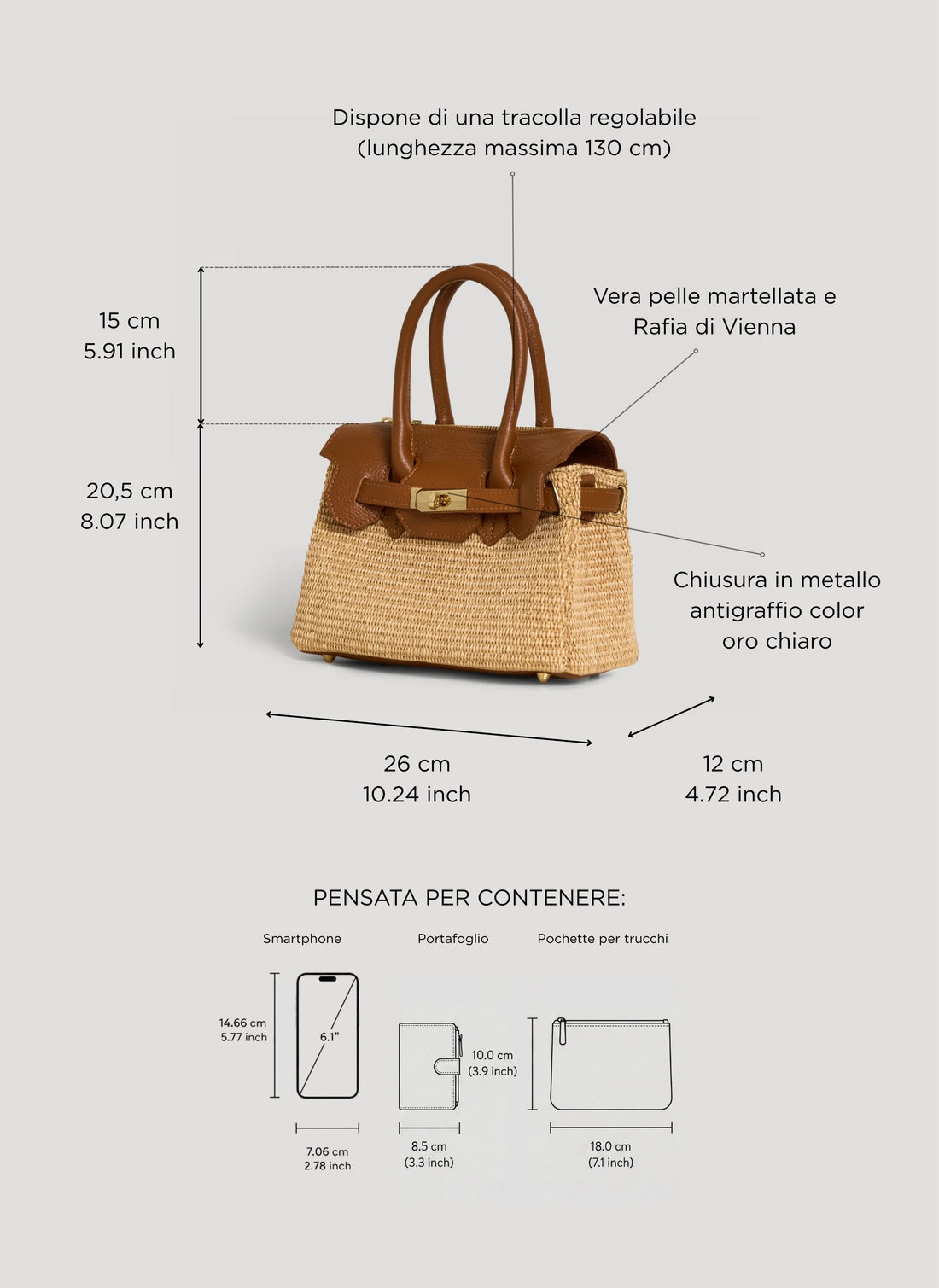 Borsa Elizabeth Media in Pelle e Rafia Cuoio - Voemièn