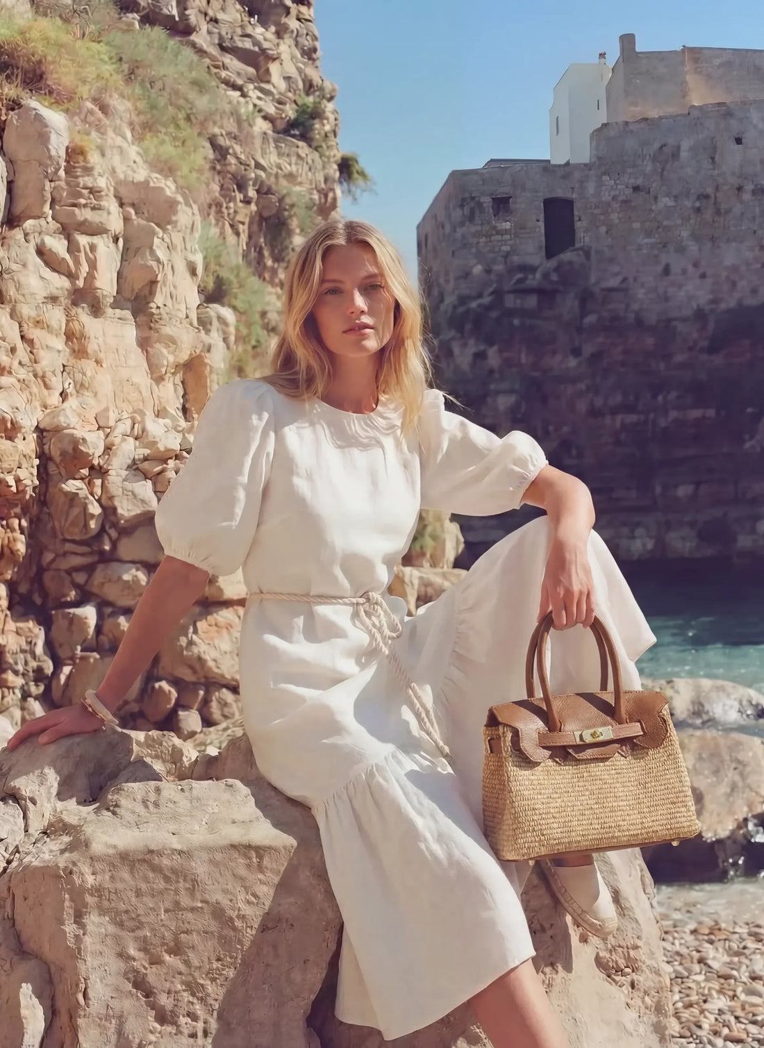 Borsa Elizabeth Media in Pelle e Rafia Cuoio - Voemièn