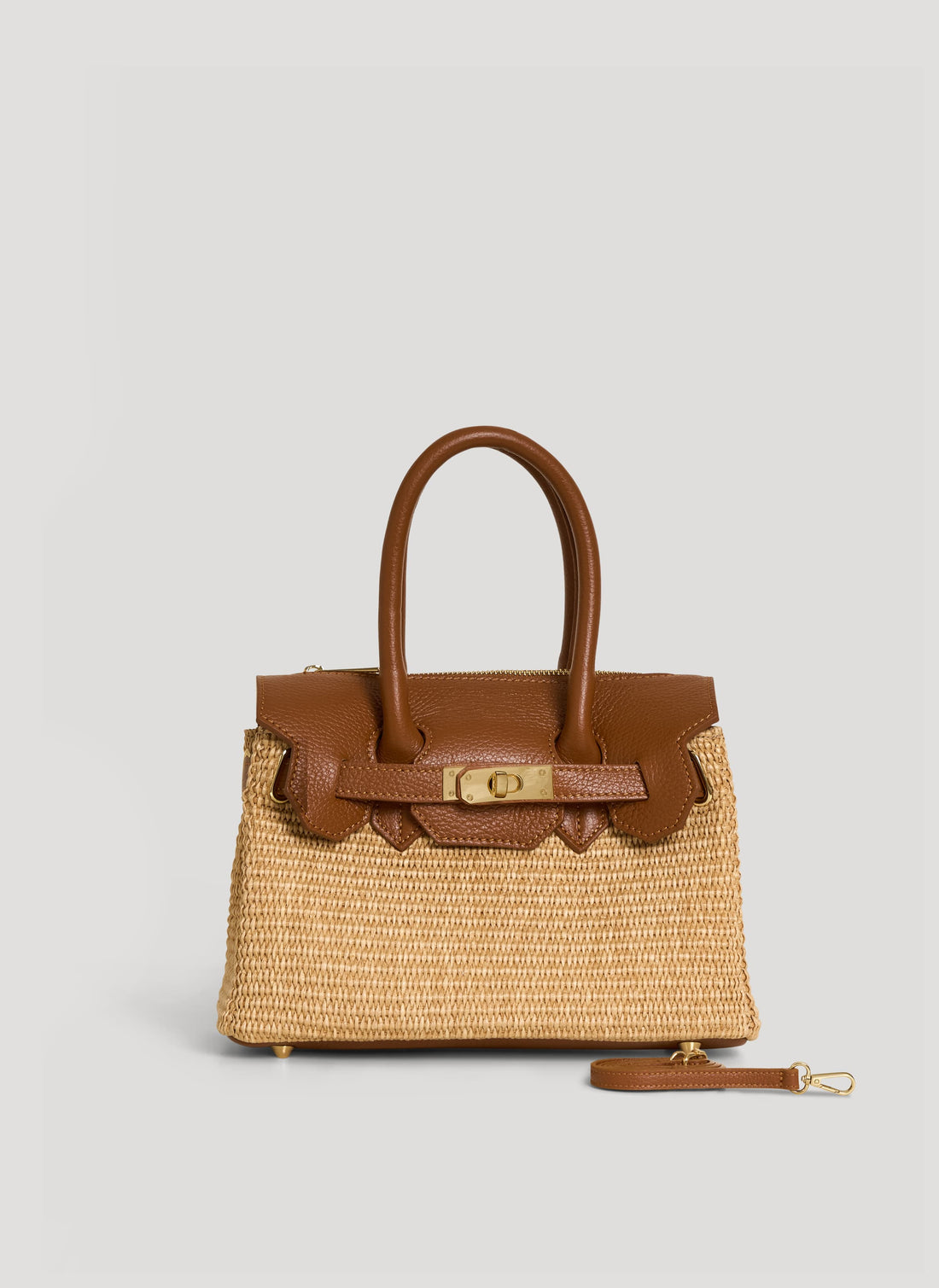 Borsa Elizabeth Media in Pelle e Rafia Cuoio - Voemièn