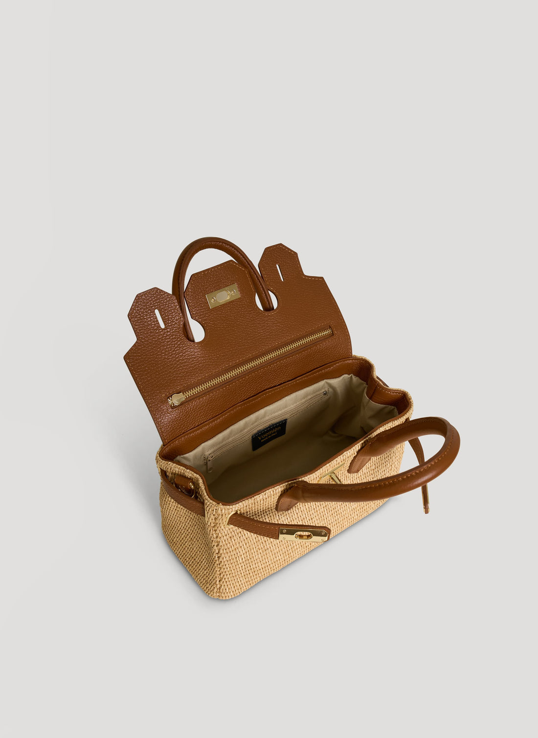 Borsa Elizabeth Media in Pelle e Rafia Cuoio - Voemièn