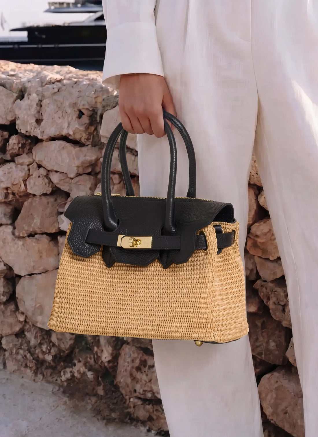 Borsa Elizabeth Media in Pelle e Rafia Nera - Voemièn