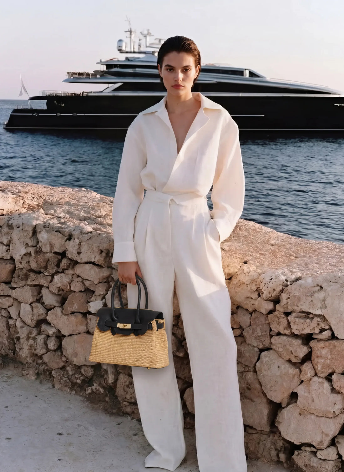 Borsa Elizabeth Media in Pelle e Rafia Nera - Voemièn