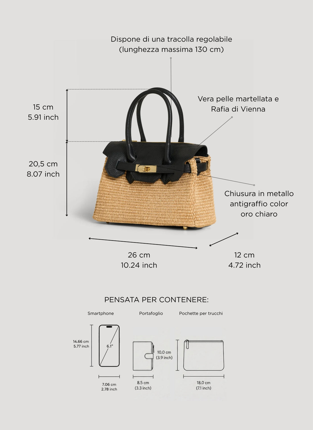 Borsa Elizabeth Media in Pelle e Rafia Nera - Voemièn