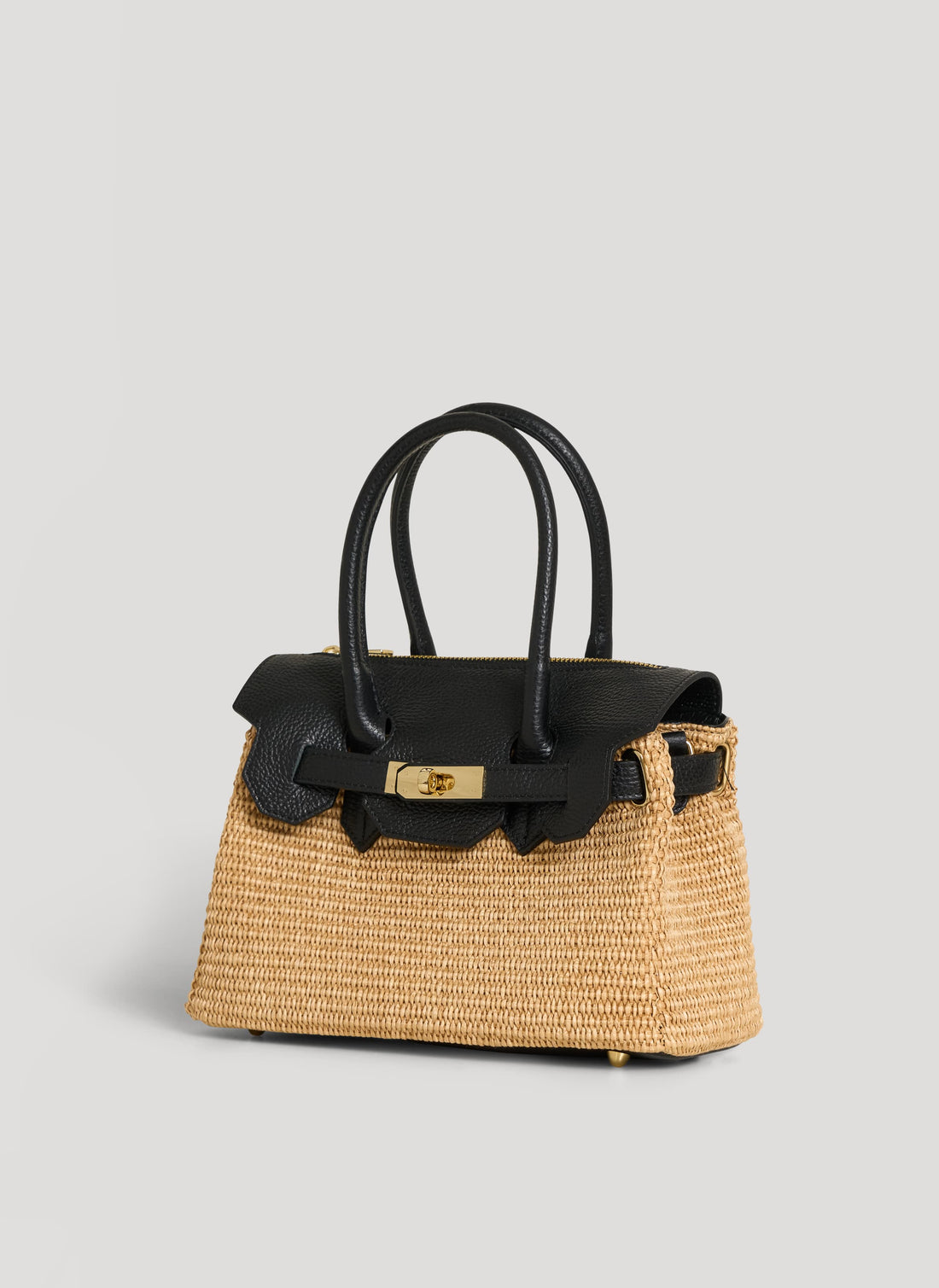 Borsa Elizabeth Media in Pelle e Rafia Nera - Voemièn
