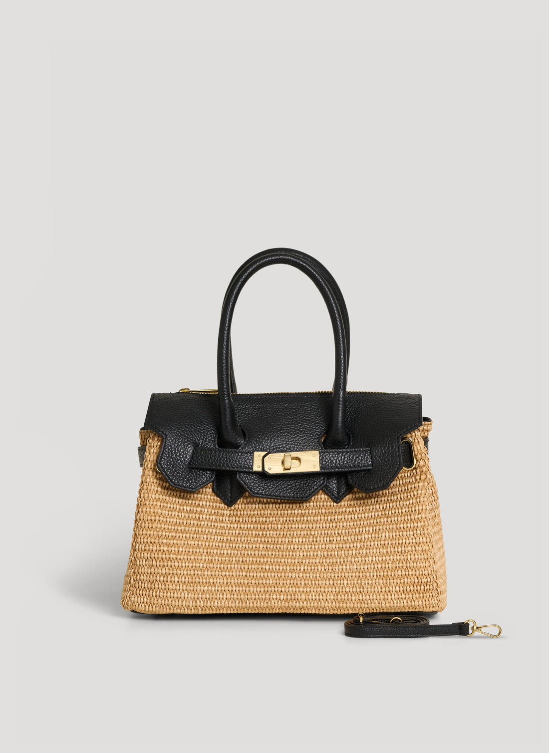 Borsa Elizabeth Media in Pelle e Rafia Nera - Voemièn