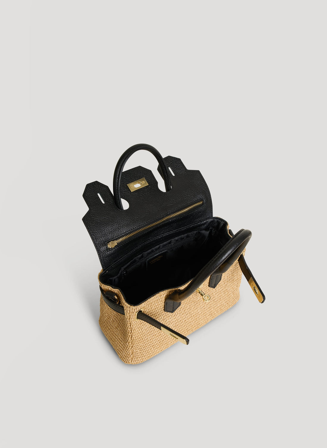 Borsa Elizabeth Media in Pelle e Rafia Nera - Voemièn