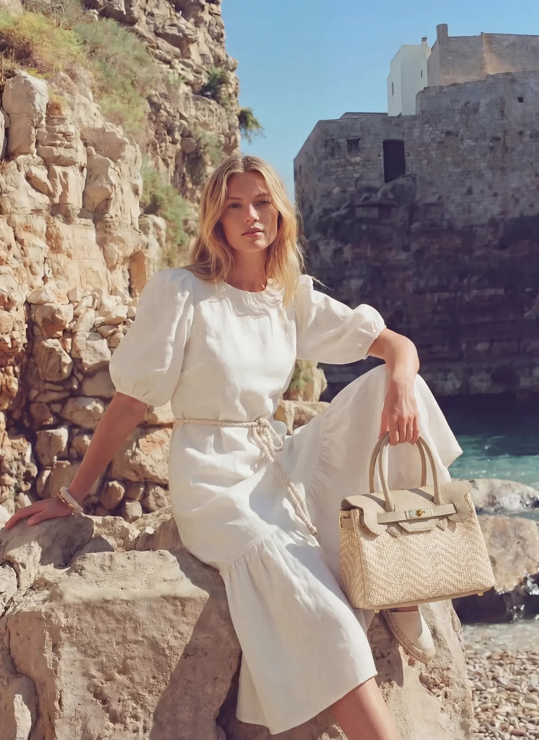 Borsa Elizabeth Media in Pelle e Rafia Chevron Limited Edition Beige - Voemièn
