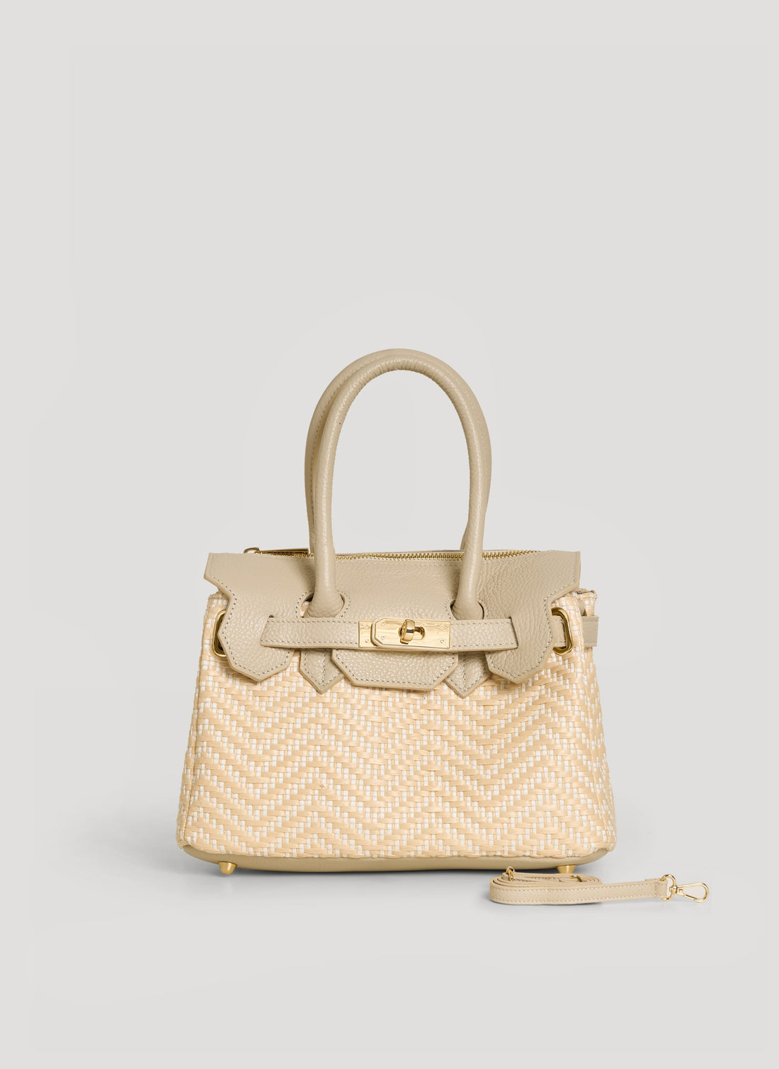 Borsa Elizabeth Media in Pelle e Rafia Chevron Limited Edition Beige - Voemièn