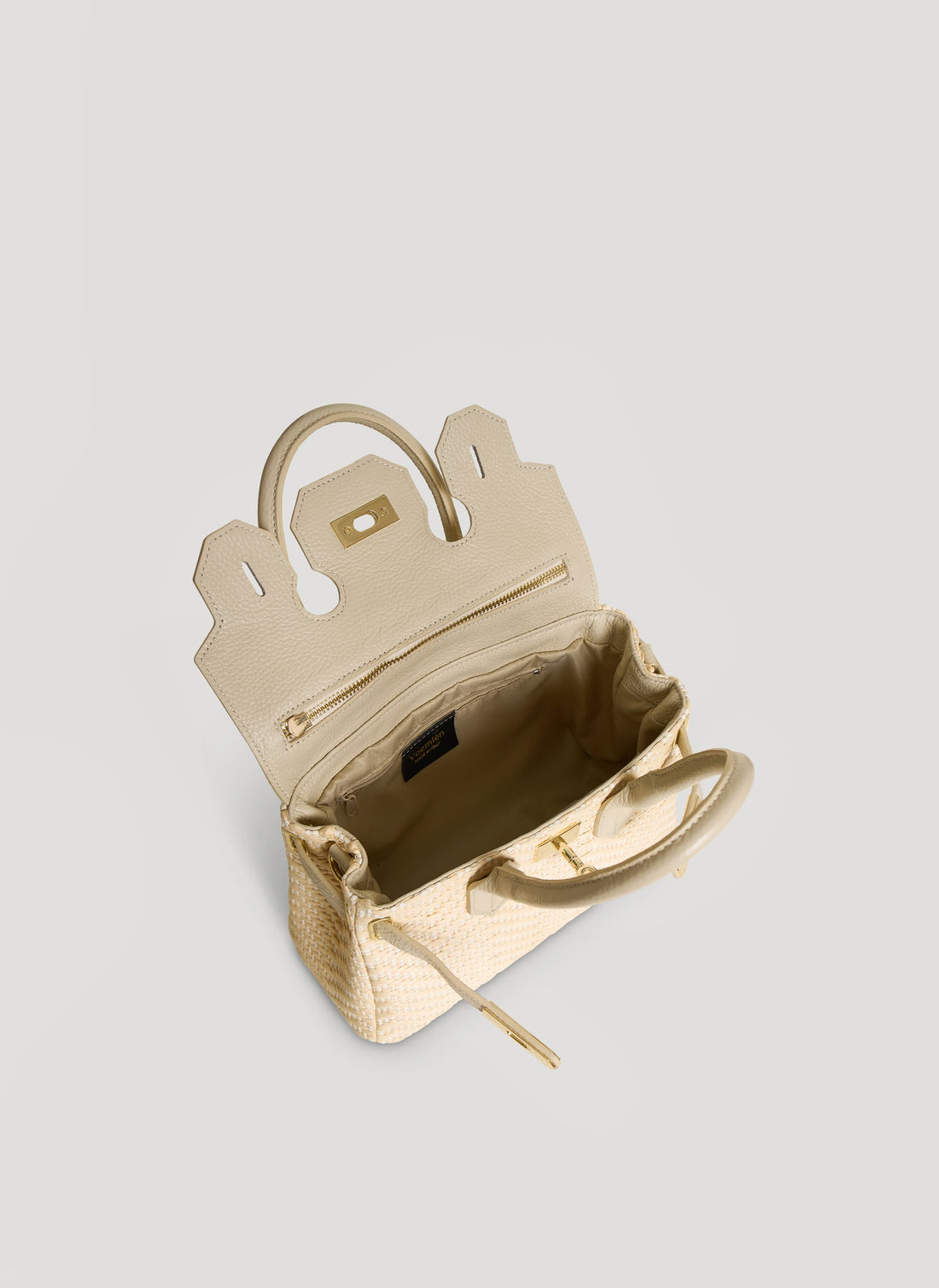 Borsa Elizabeth Media in Pelle e Rafia Chevron Limited Edition Beige - Voemièn