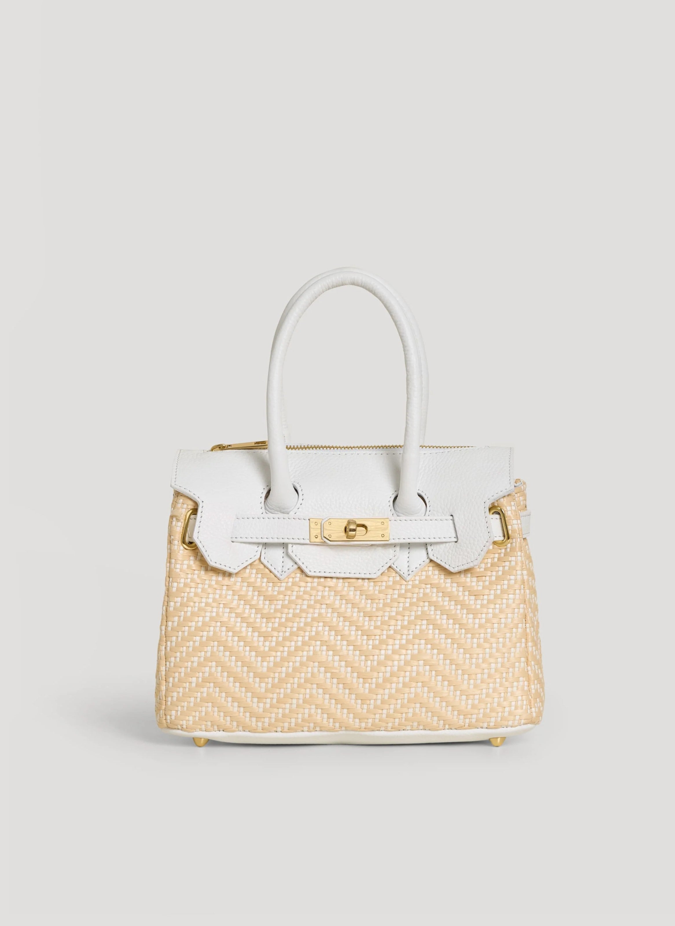 Borsa Elizabeth Media in Pelle e Rafia Chevron Limited Edition Bianca