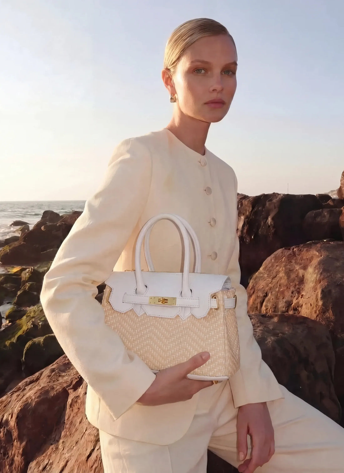 Borsa Elizabeth Media in Pelle e Rafia Chevron Limited Edition Bianca - Voemièn