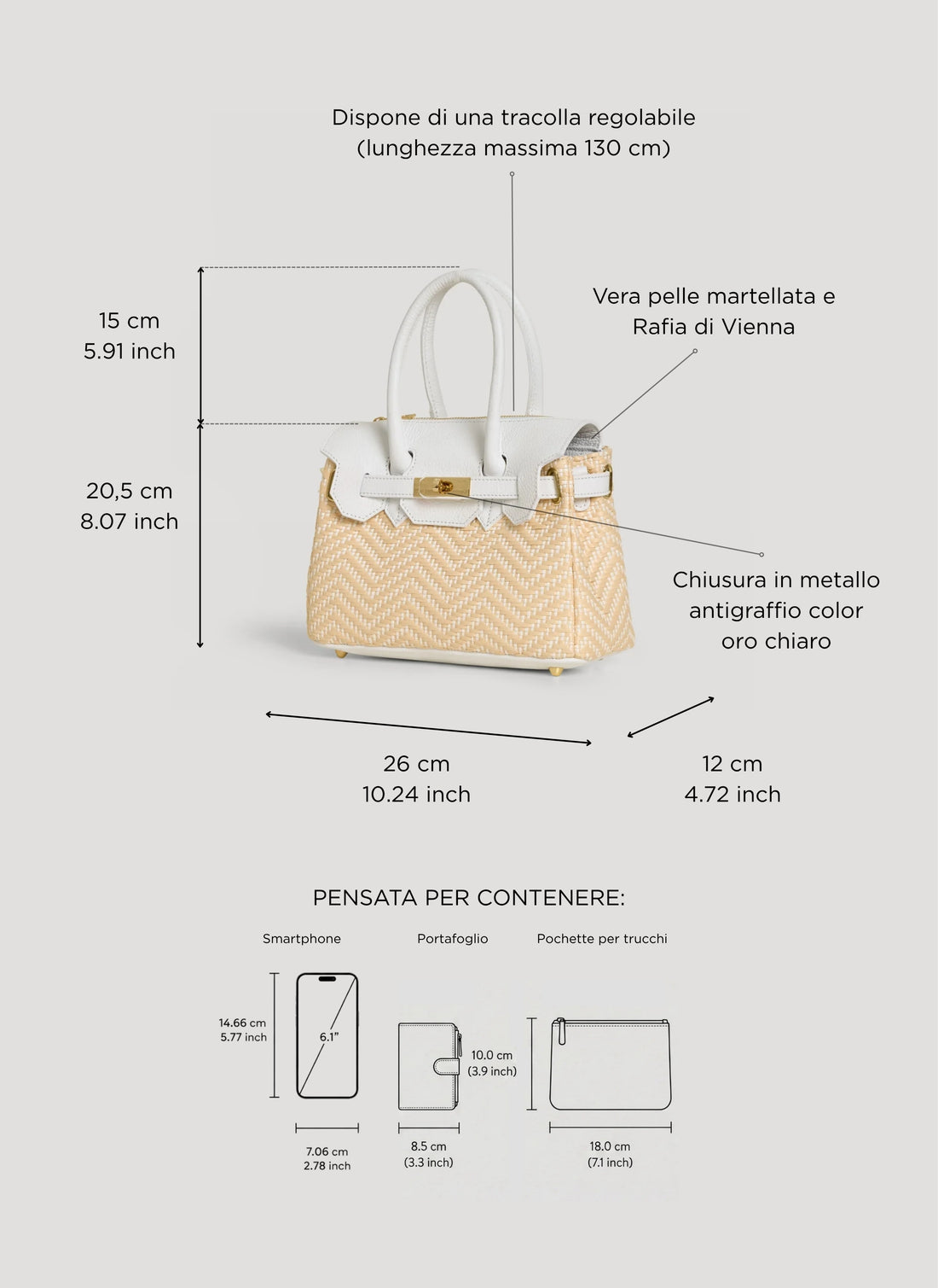 Borsa Elizabeth Media in Pelle e Rafia Chevron Limited Edition Bianca - Voemièn
