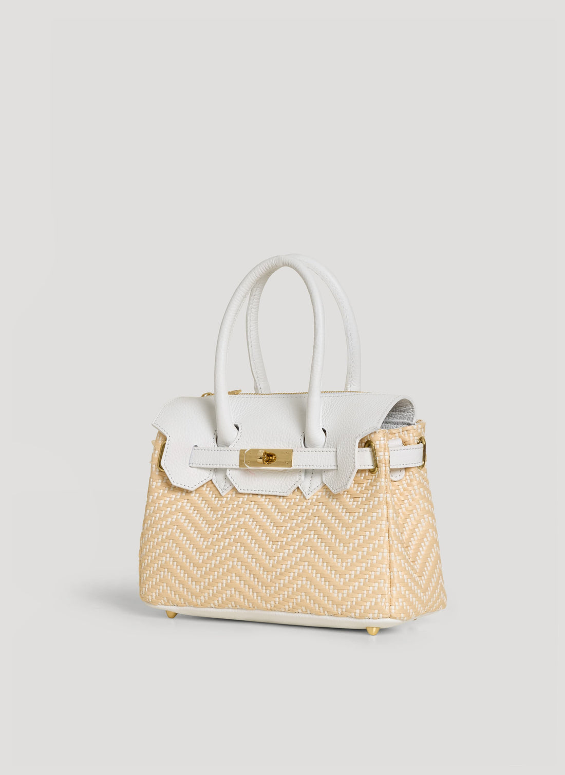 Borsa Elizabeth Media in Pelle e Rafia Chevron Limited Edition Bianca - Voemièn