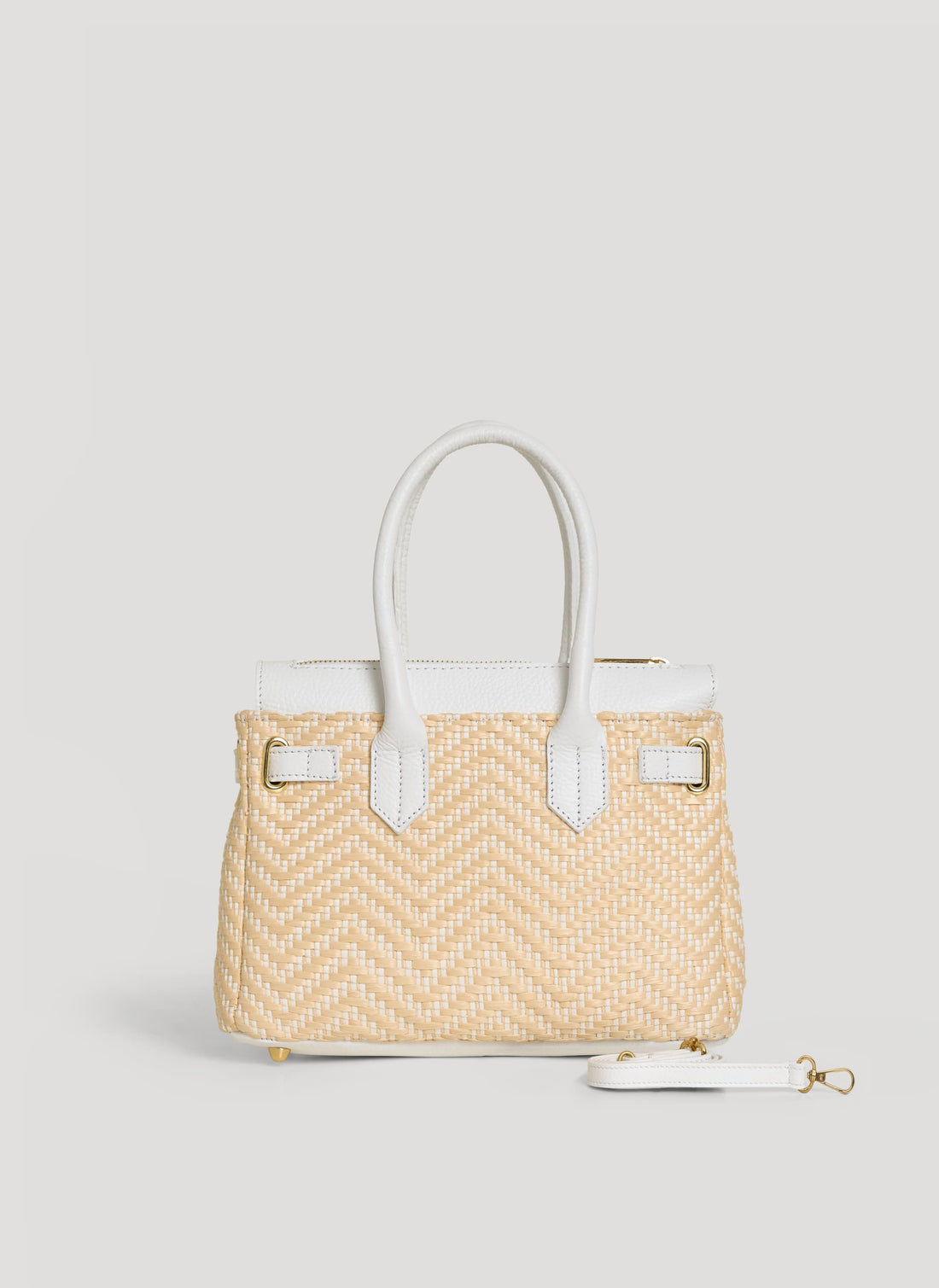 Borsa Elizabeth Media in Pelle e Rafia Chevron Limited Edition Bianca - Voemièn
