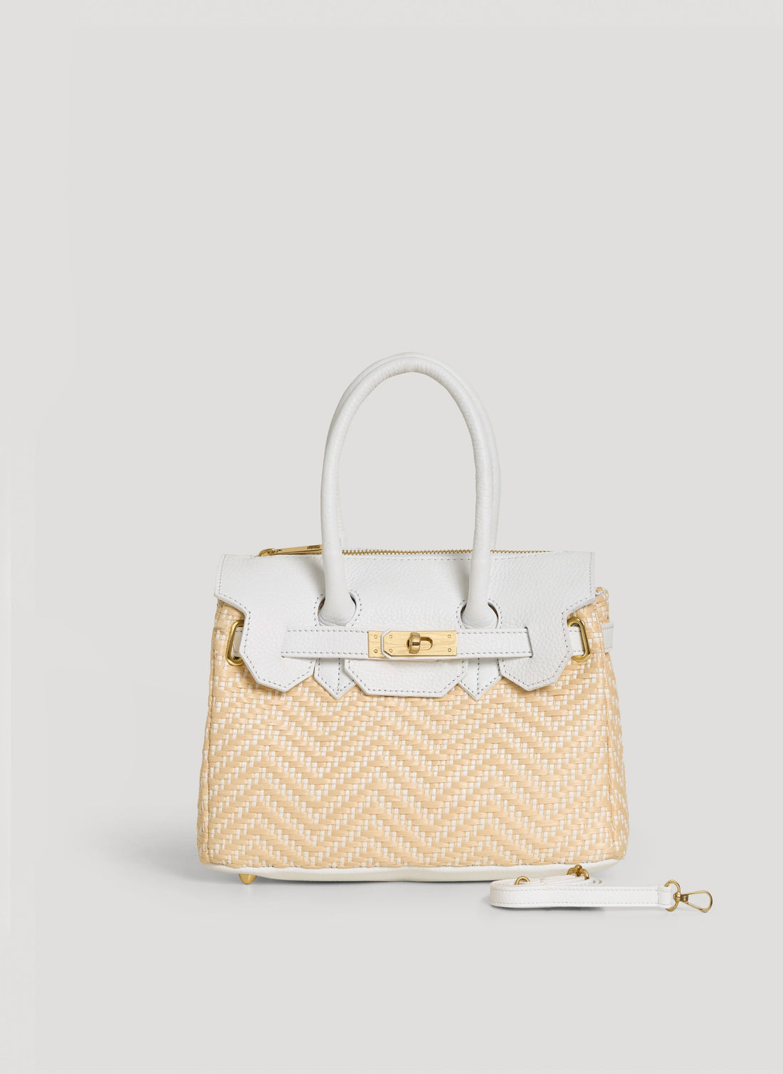 Borsa Elizabeth Media in Pelle e Rafia Chevron Limited Edition Bianca - Voemièn