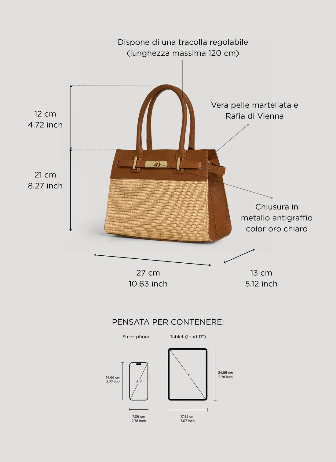 Borsa Grace in pelle e rafia Cuoio - Voemièn