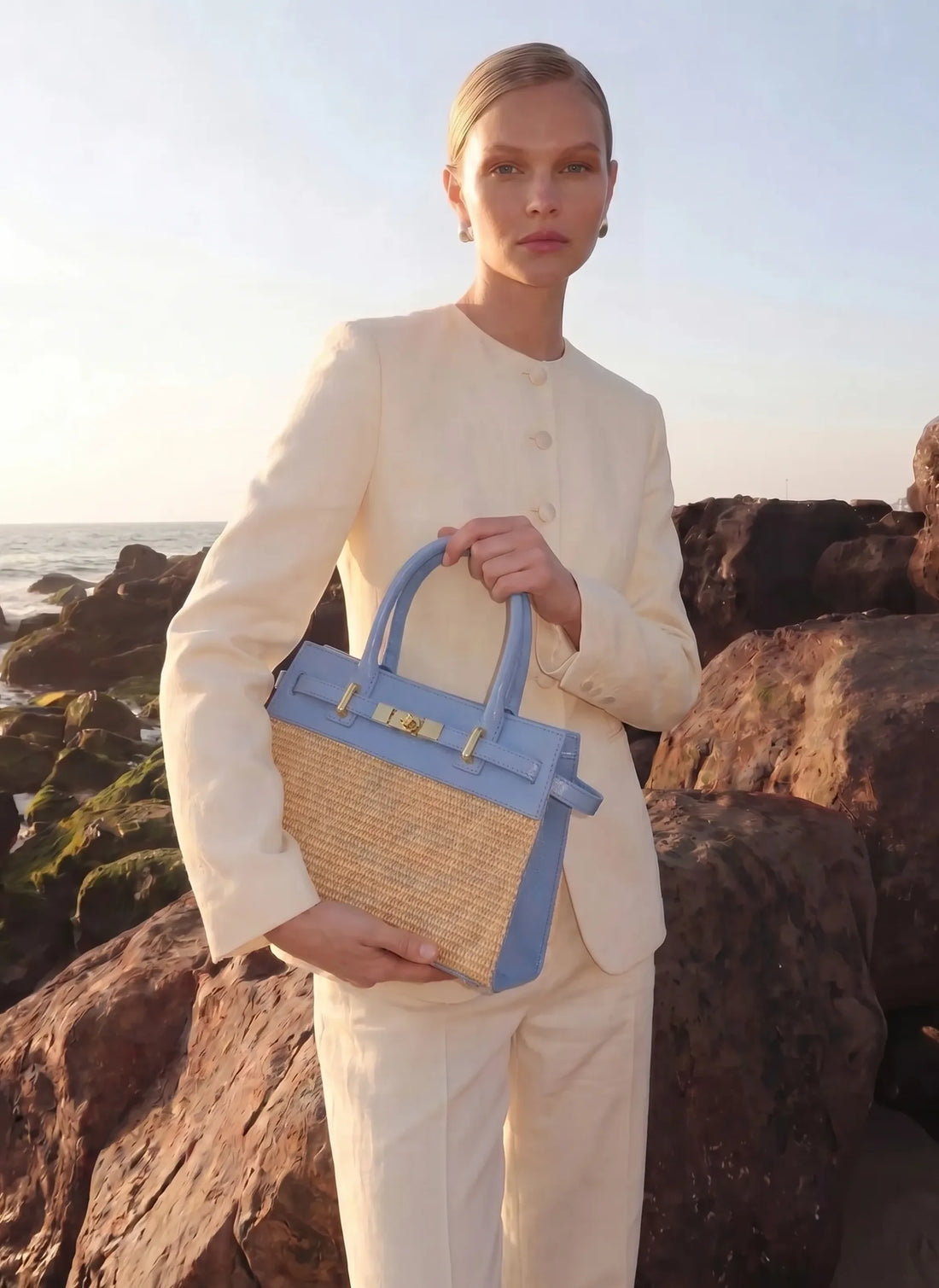 Borsa Grace in pelle e rafia Denim - Voemièn