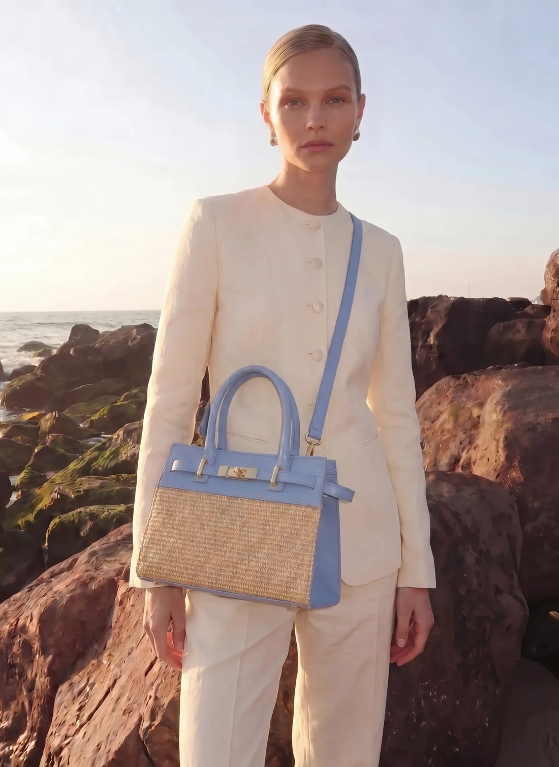 Borsa Grace in pelle e rafia Denim - Voemièn