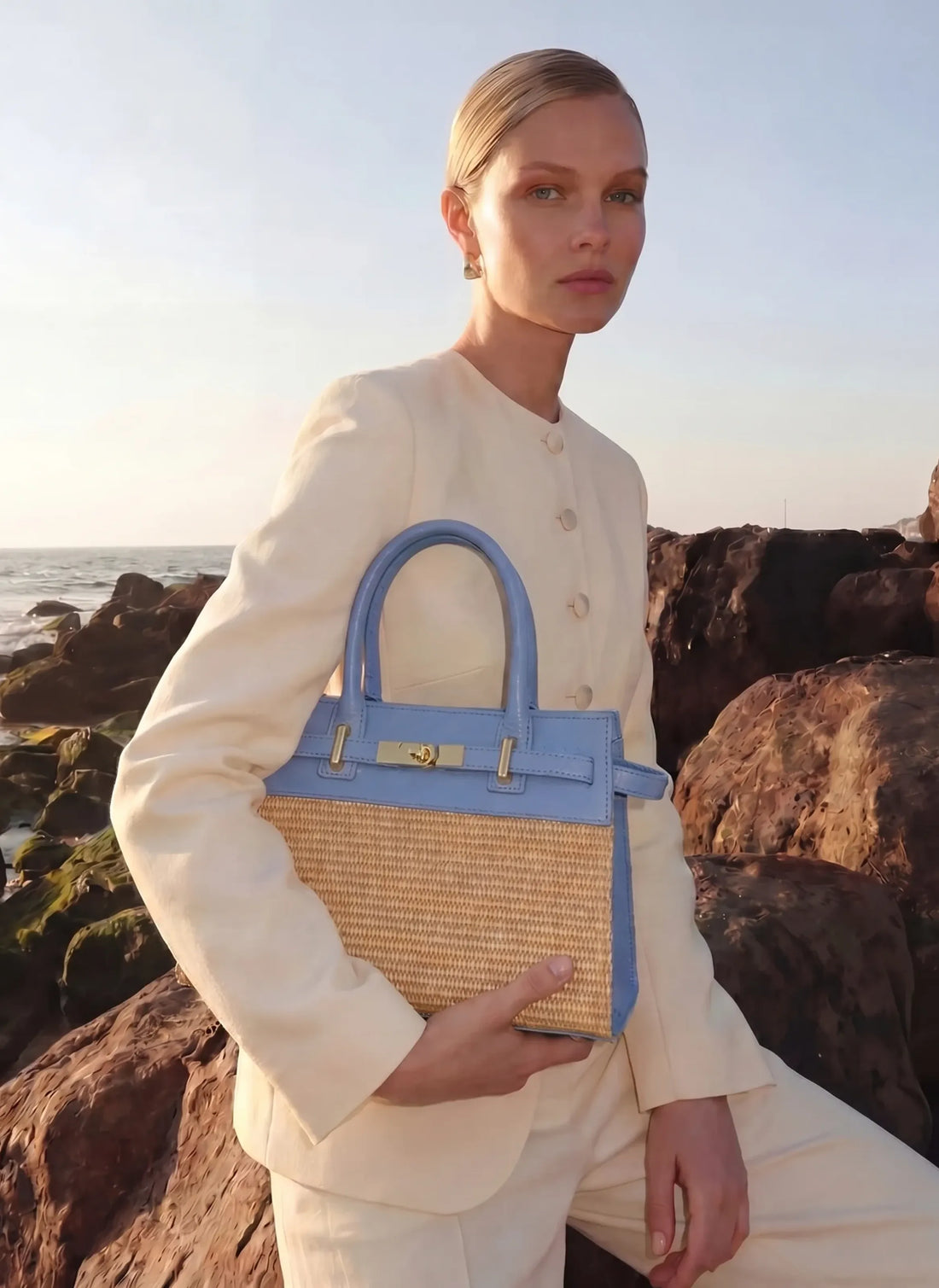 Borsa Grace in pelle e rafia Denim - Voemièn