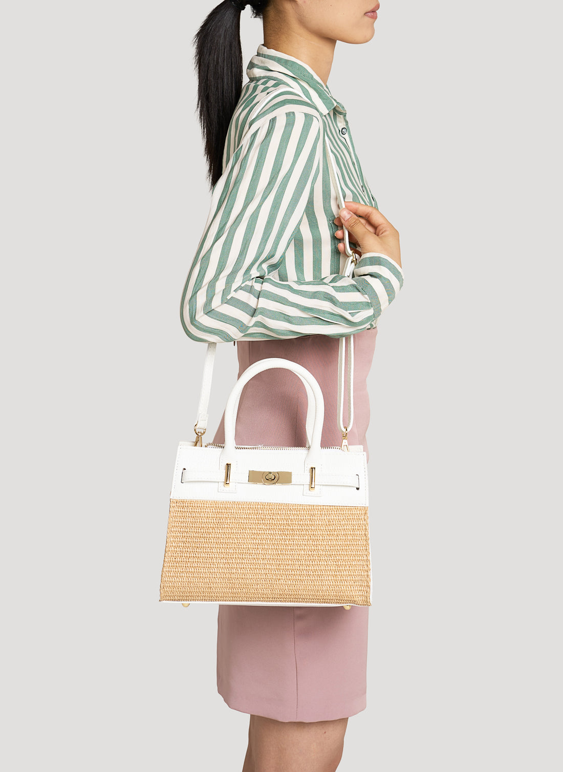Borsa Grace in pelle Togo e rafia Bianca