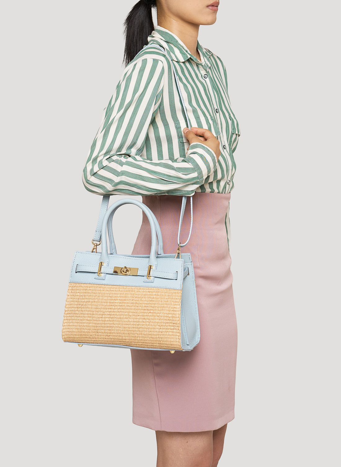 Borsa Grace in pelle Togo e rafia Celeste