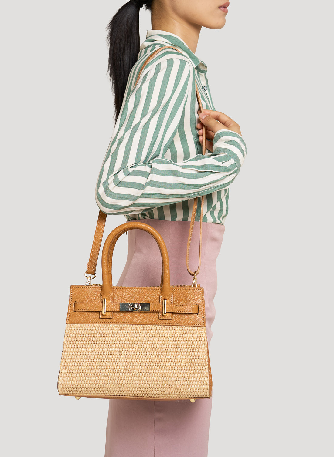 Borsa Grace in pelle Togo e rafia Cuoio