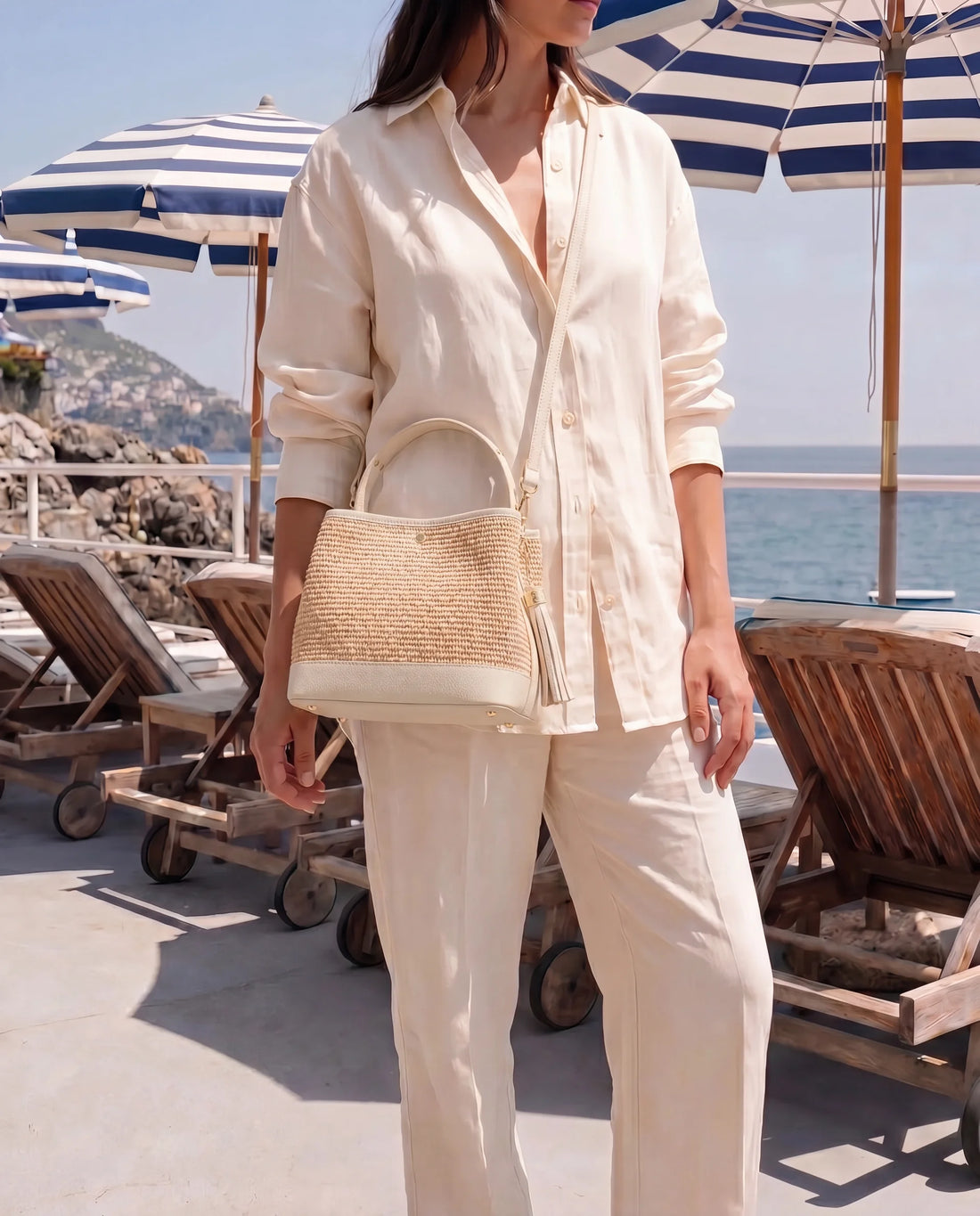 Borsa Kendy in pelle e rafia Crema - Voemièn