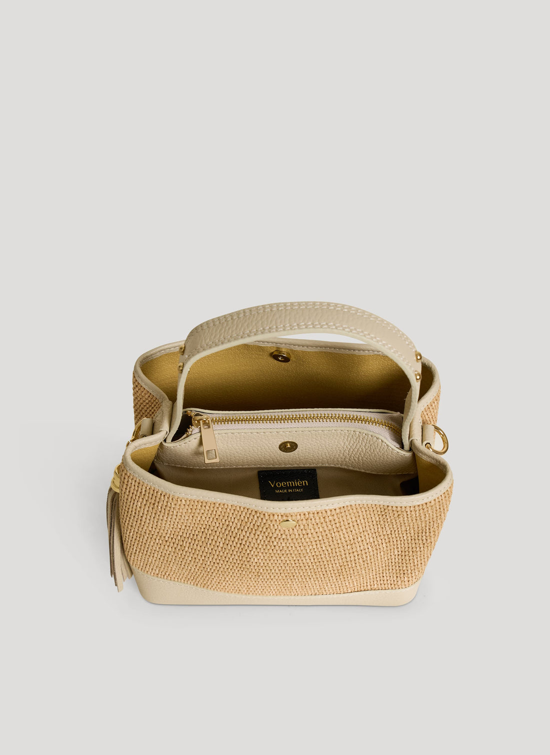 Borsa Kendy in pelle e rafia Crema - Voemièn