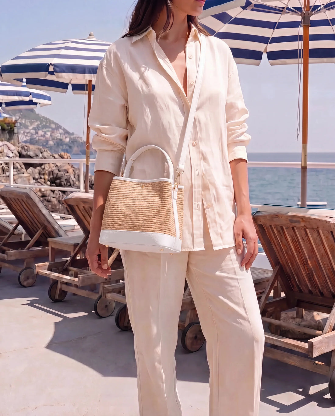 Borsa Kendy in pelle e rafia Bianca - Voemièn