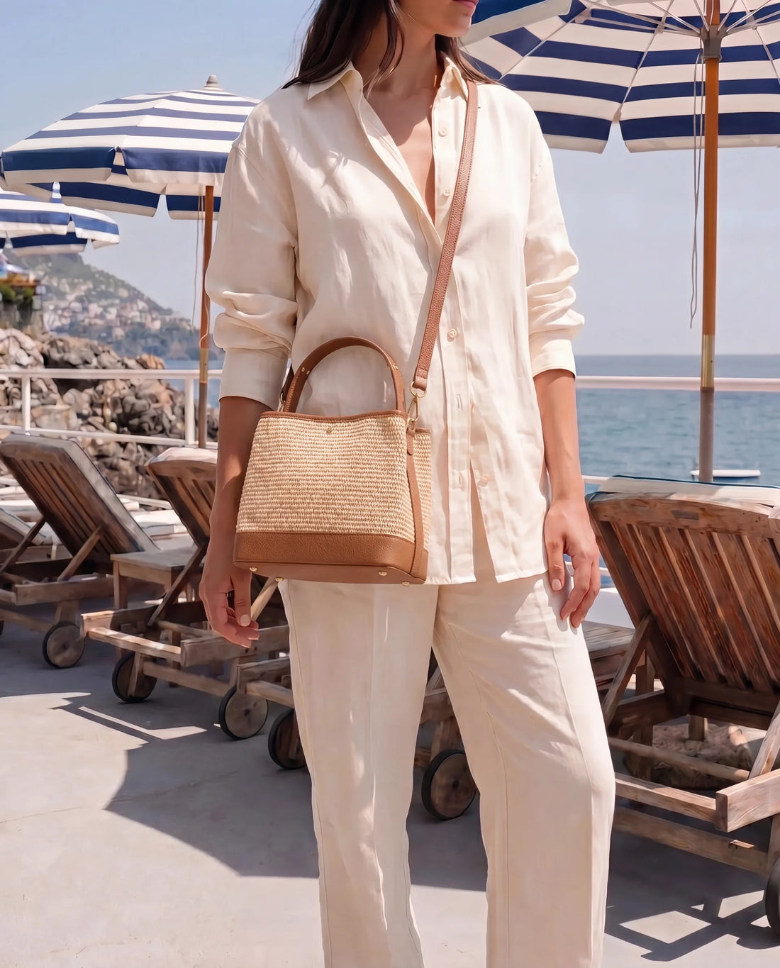 Borsa Kendy in pelle e rafia Cuoio - Voemièn