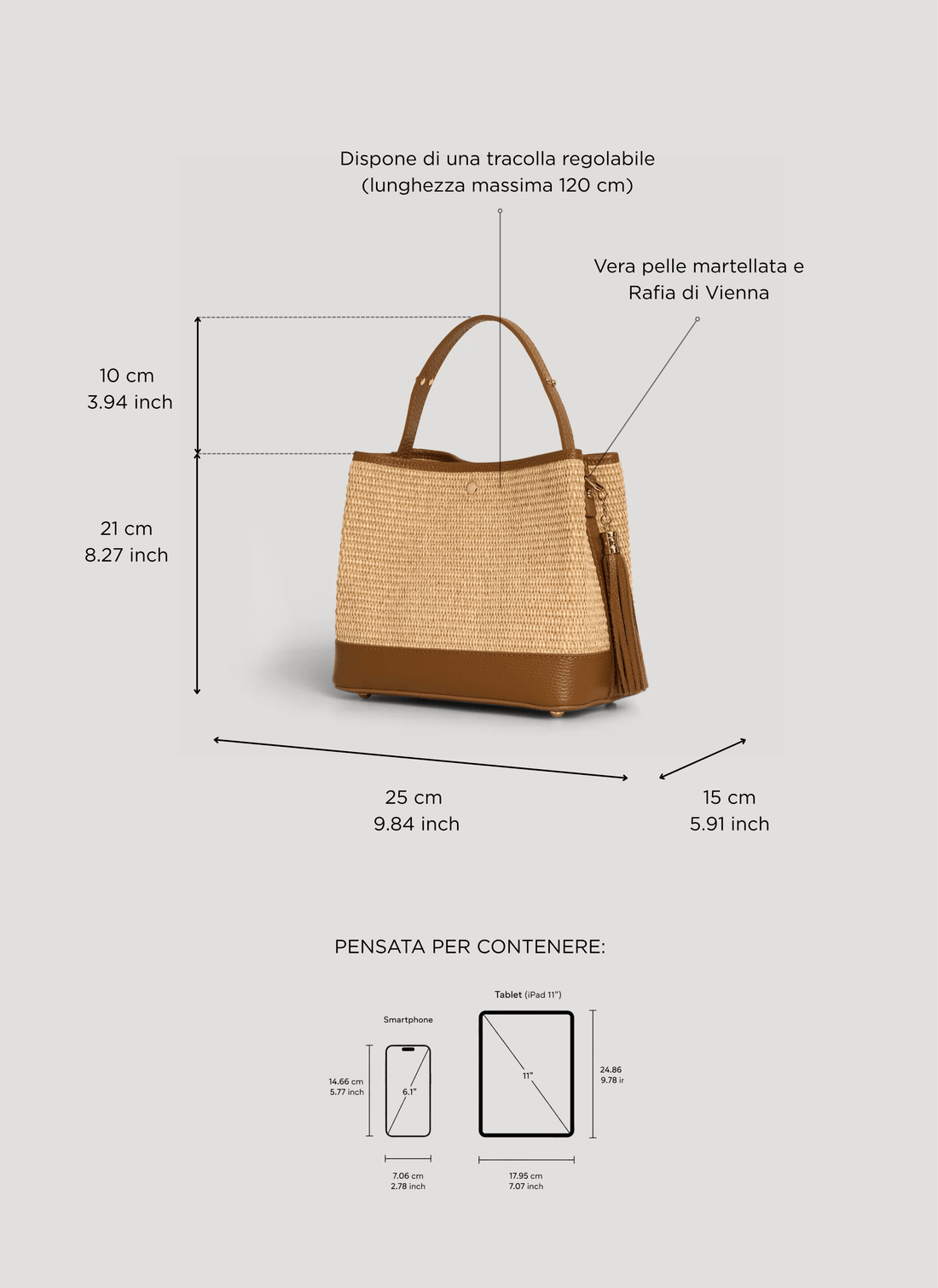 Borsa Kendy in pelle e rafia Cuoio - Voemièn