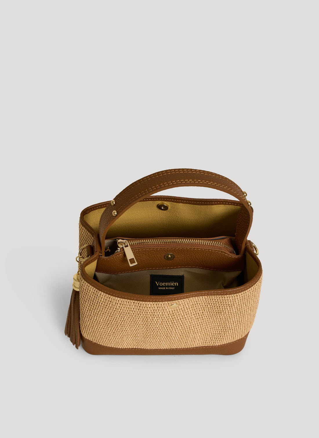 Borsa Kendy in pelle e rafia Cuoio - Voemièn