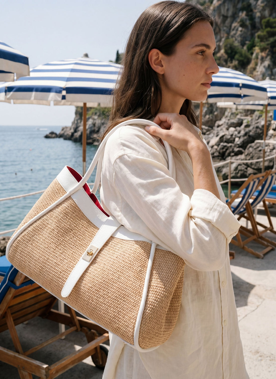 Borsa Mayfair in pelle e Rafia Bianca - Voemièn