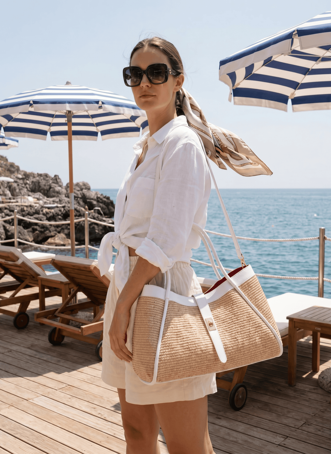 Borsa Mayfair in pelle e Rafia Bianca - Voemièn