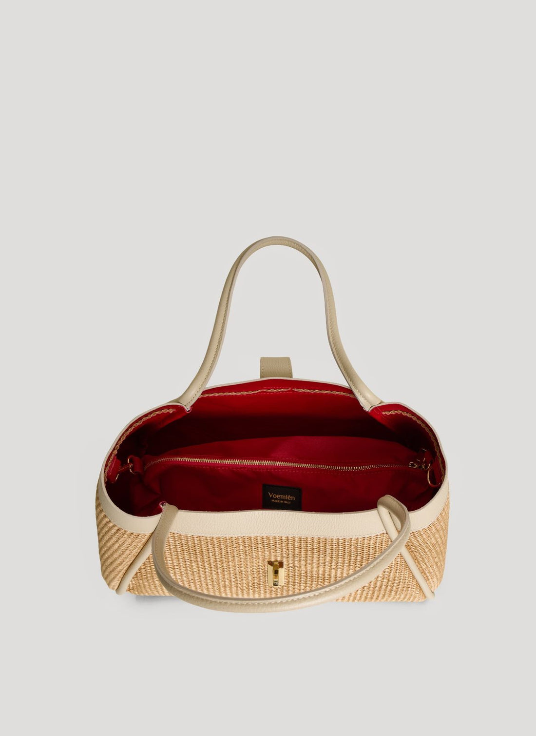 Borsa Mayfair Media in pelle e Rafia Crema - Voemièn