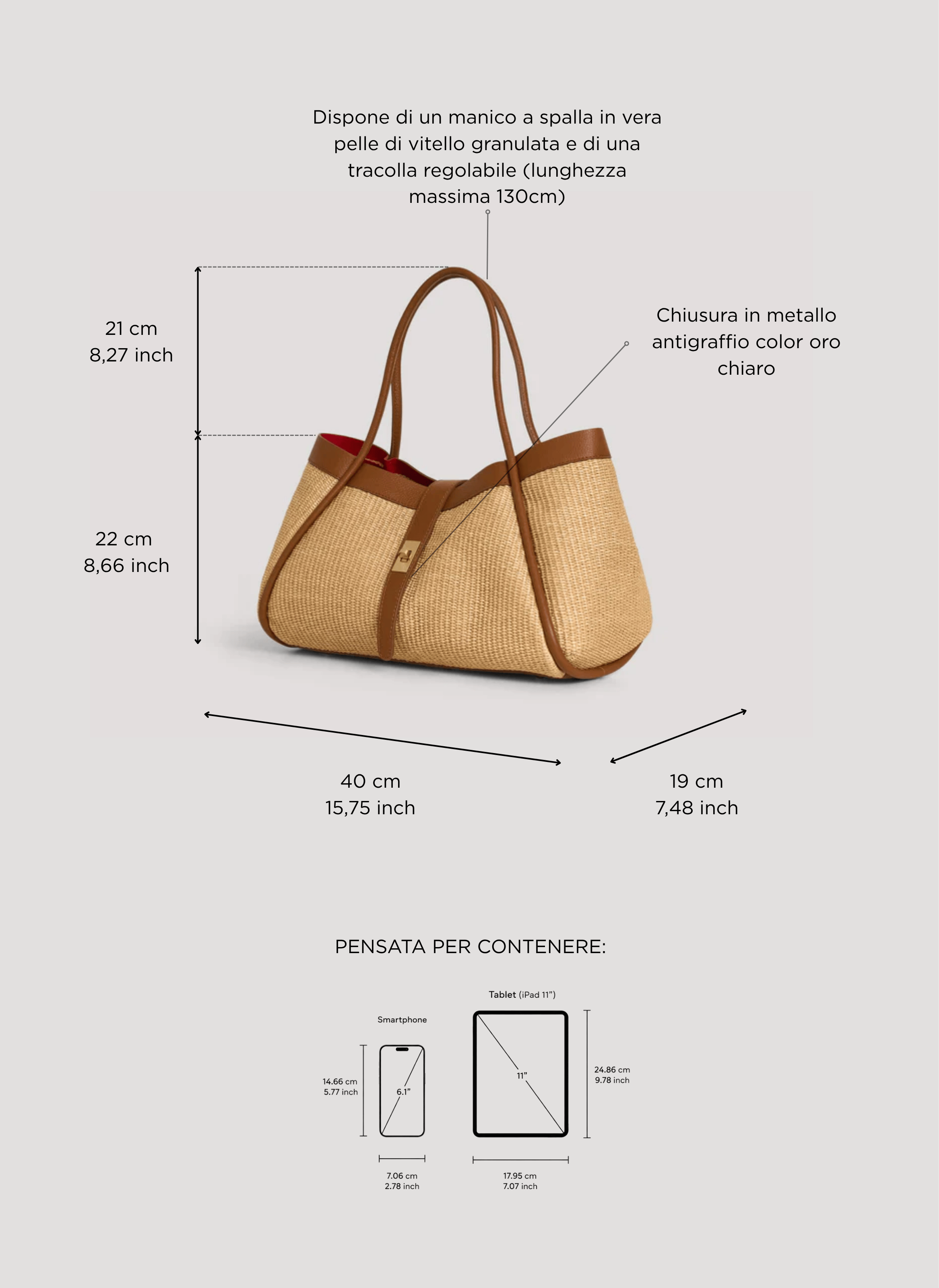 Borsa Mayfair Media in pelle e Rafia Cuoio - Voemièn