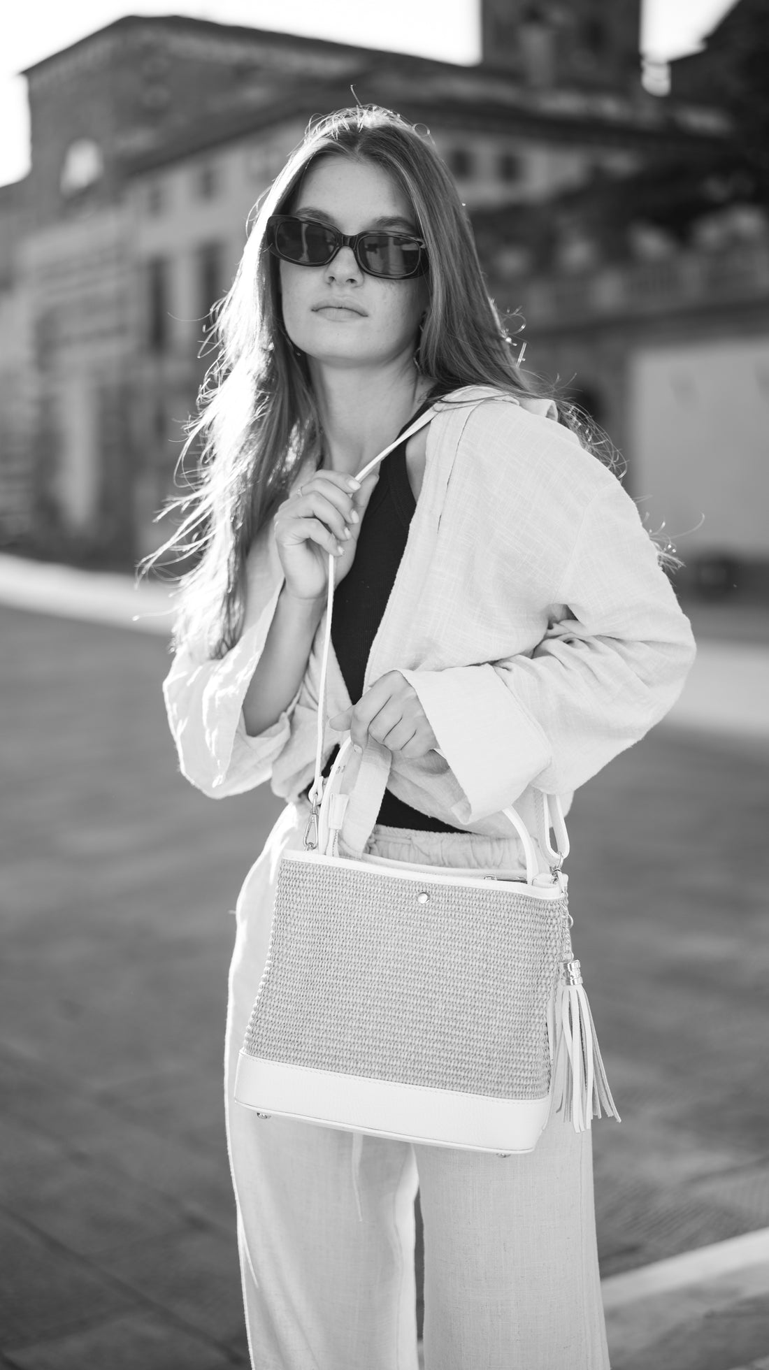 Borsa Kendy in pelle Dollaro e rafia Celeste