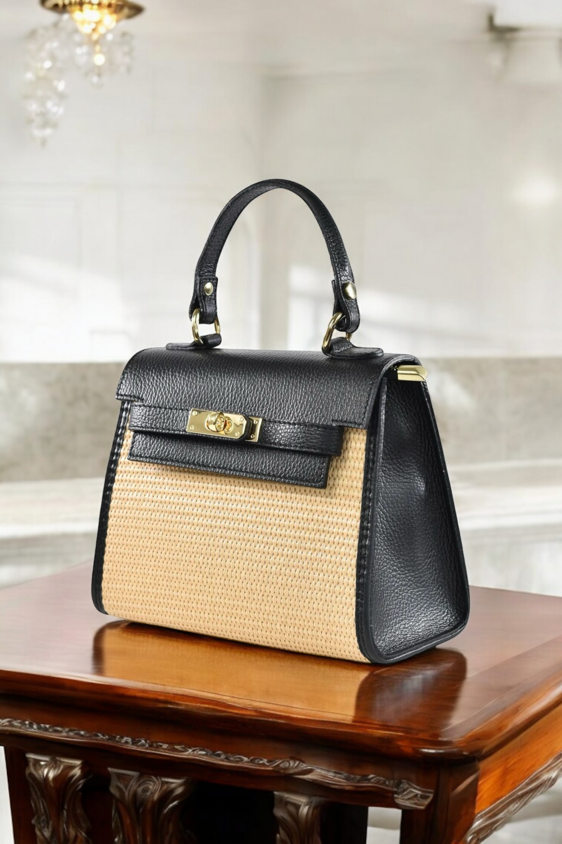 Borsa Freydis in pelle Dollaro e Rafia Nera