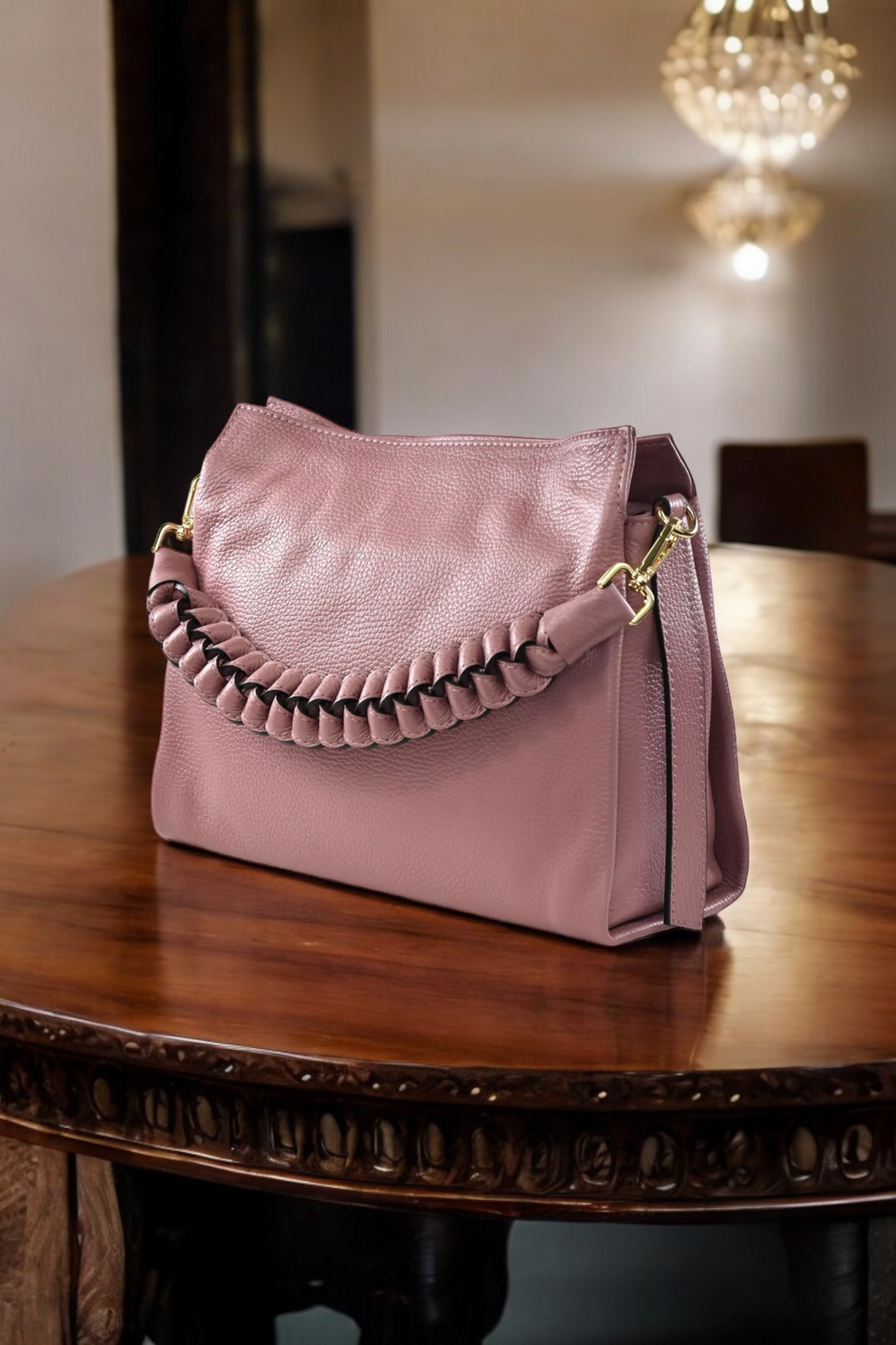 Borsa Braid in pelle Dollaro Rosa Antico