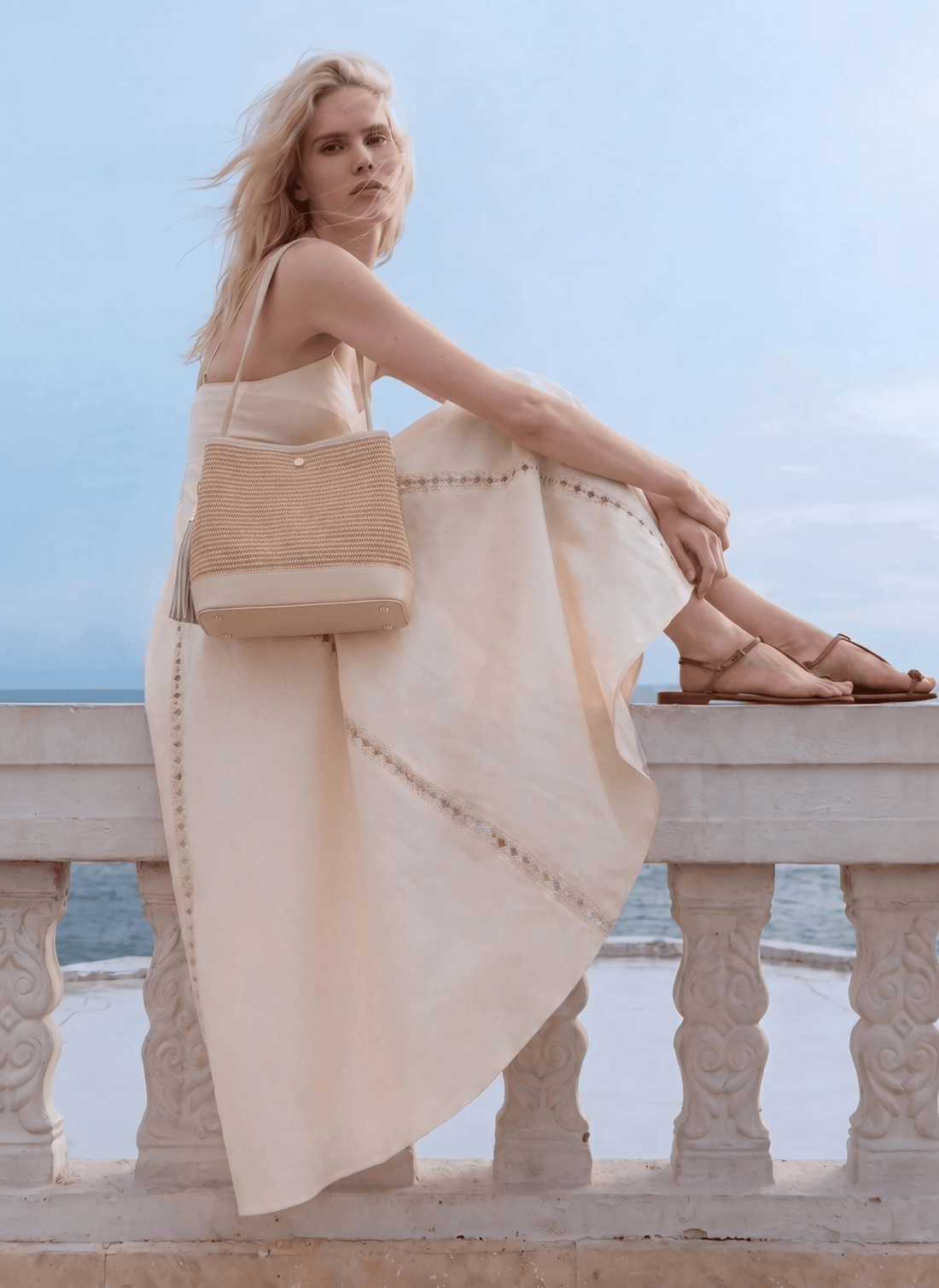 Borsa Kendy in pelle e rafia Crema - Voemièn