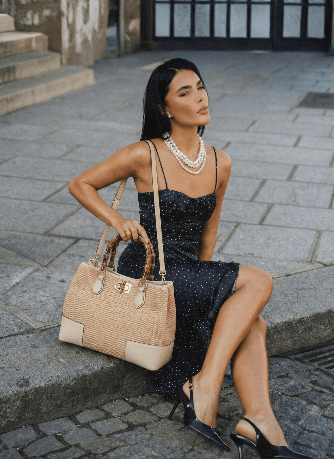 Borsa Bamboo Babe in pelle e Rafia Beige - Voemièn