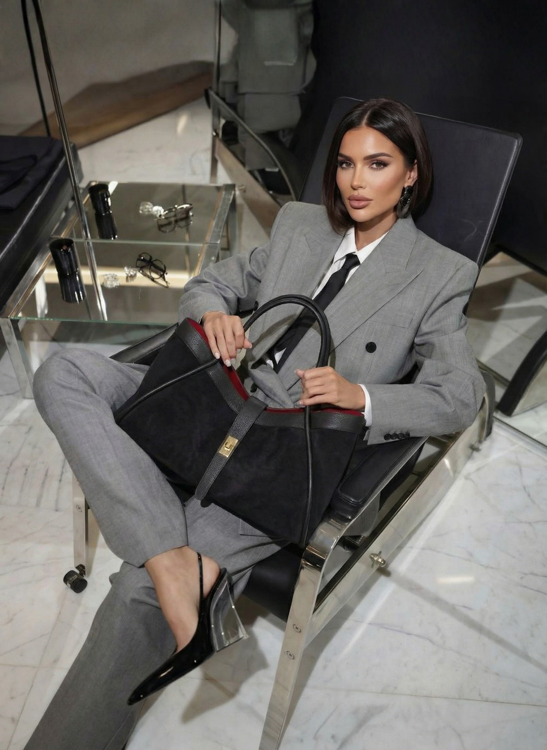 Borsa Mayfair in Camoscio e Pelle Togo Nera - Voemièn