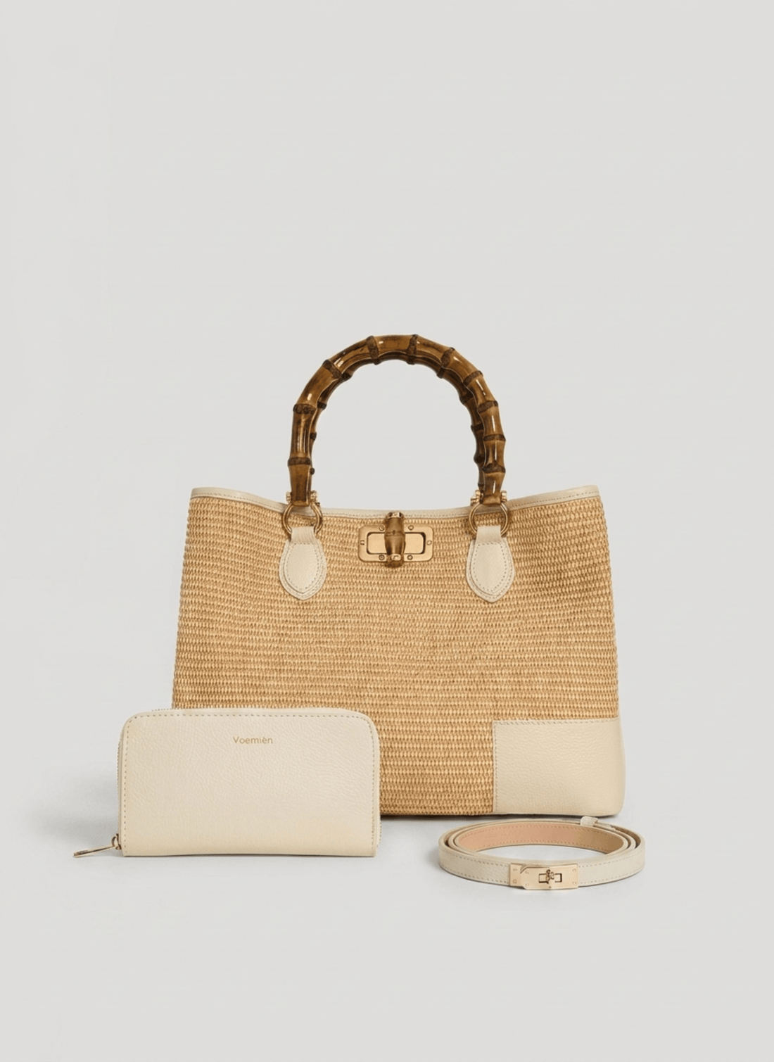 Set Bamboo Babe in pelle e Rafia Crema - Voemièn