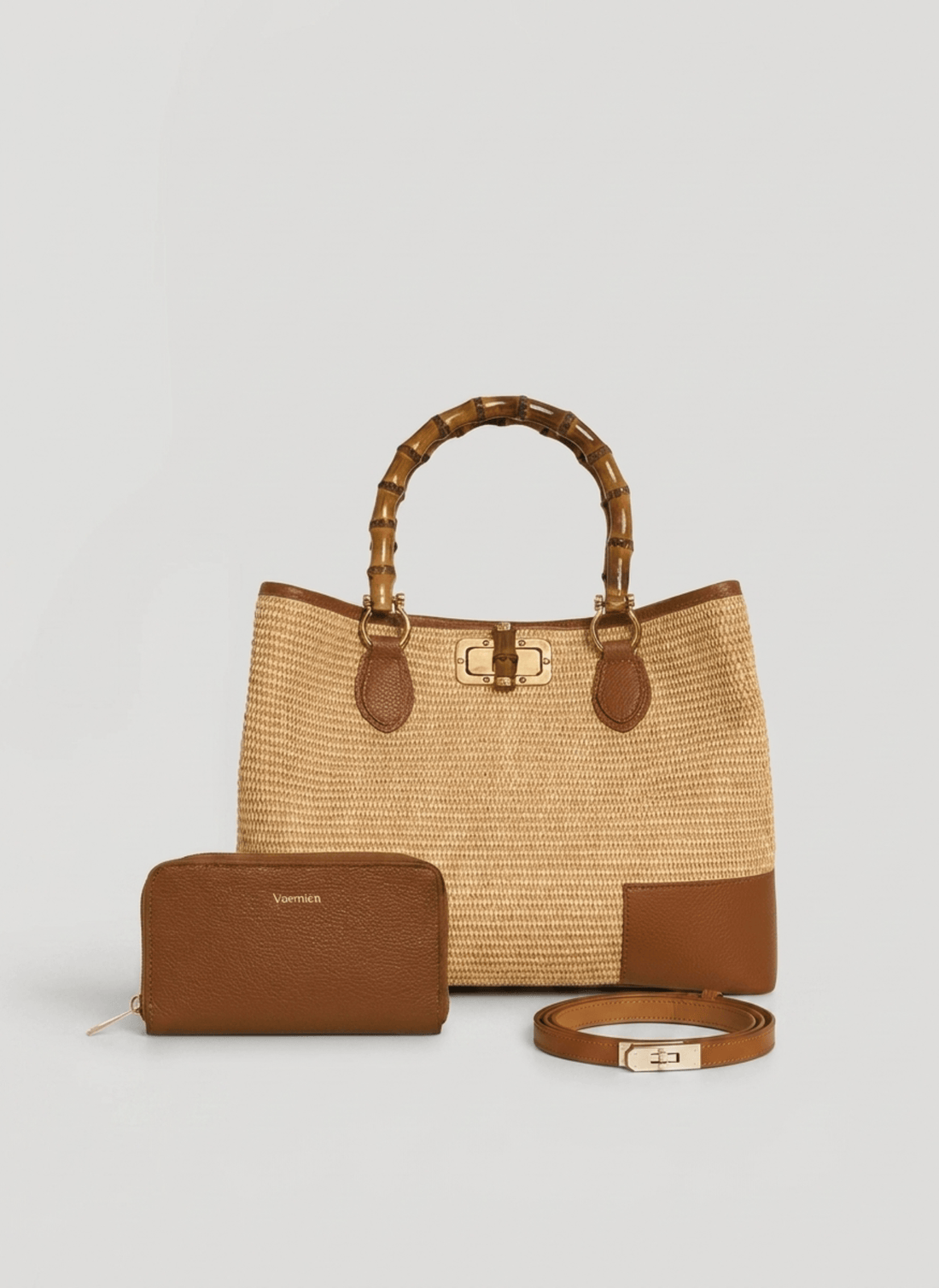 Set Bamboo Babe in pelle e Rafia Cuoio - Voemièn