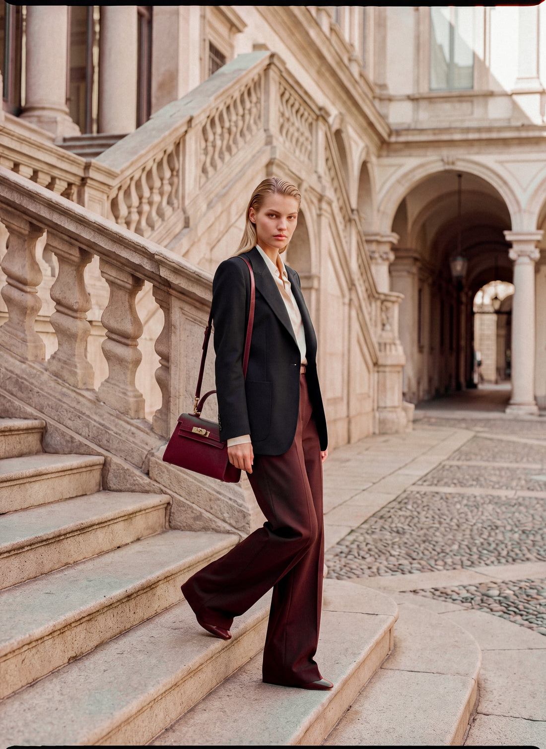 Borsa Victoria in pelle Epsom Borgogna indossata