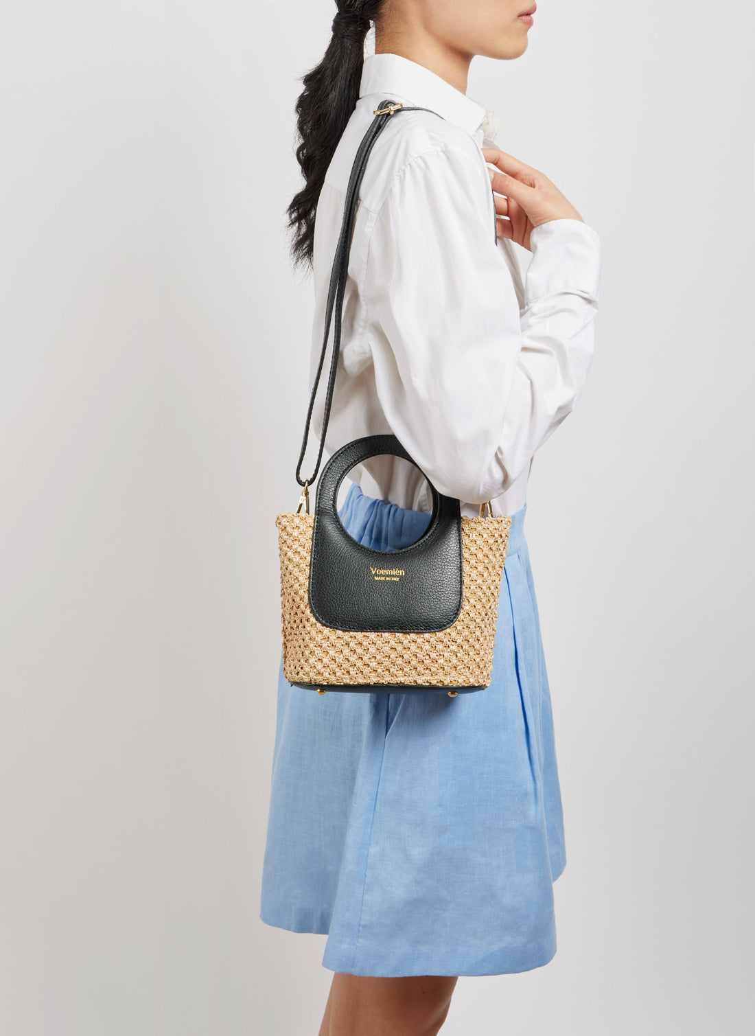 Borsa Alba in Pelle Dollaro e Rafia Nera