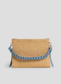 Denim Leather and Raffia Braid Bag